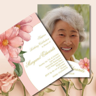 90. Gold Elegant Rosa Foto Geburtstag Einladung