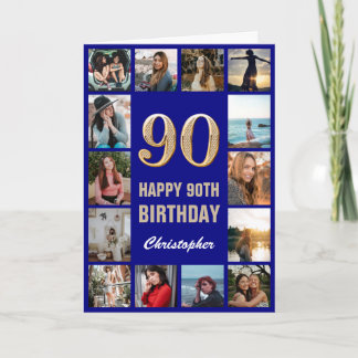 90. Happy Birthday Navy Blue & Gold Foto Collage Karte