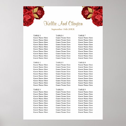 90 Hochzeitsdiagramm in Rot und Gold Poster (Vorne)