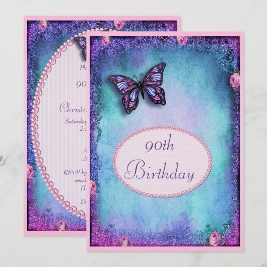 90. Imitat Glitzer, Schmetterling, Rose & Spitzen Einladung (Vorne/Hinten)