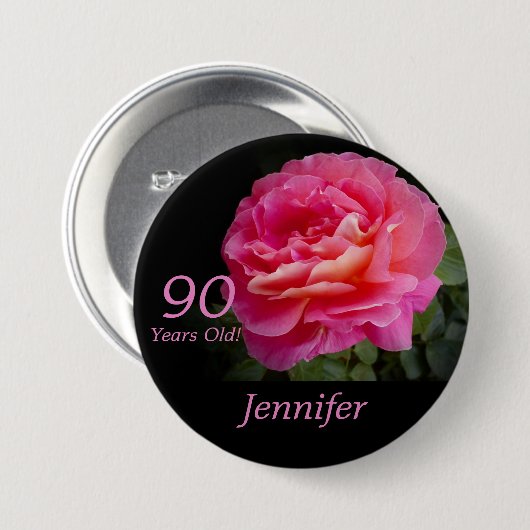 90 Jahre alt, Name, Blumenrosa Rose Button Button (Vorne & Hinten)