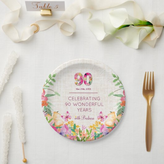 90 Jahre Blume 90. Geburtstag Linen Party Pappteller (Hochzeit)