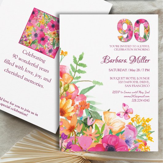 90 Jahre Blume - Aquarell 90. Geburtstag Einladung