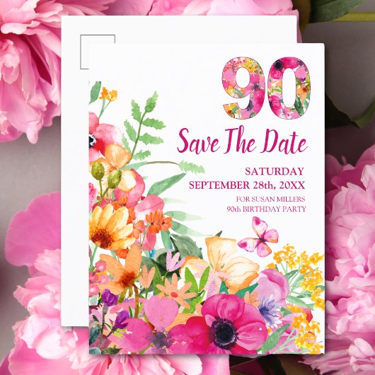 90 Jahre rett Datum Blume 90. Geburtstag Postkarte