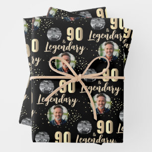 90 & Legendär 2 Fotos 90. Geburtstag Gold Geschenkpapier Set