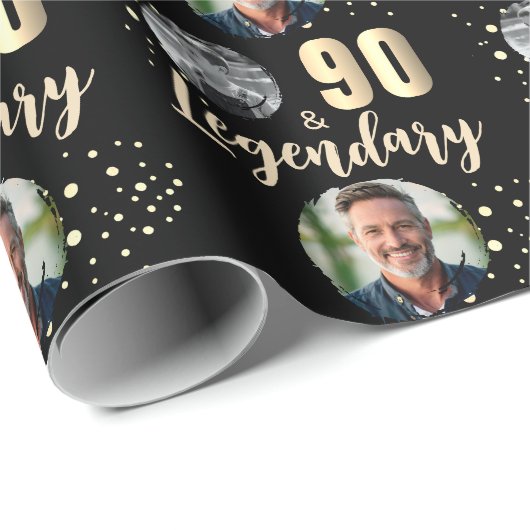 90 & Legendary 2 Photos 90th Birthday Gold Geschenkpapier (Rolleneckpunkt)