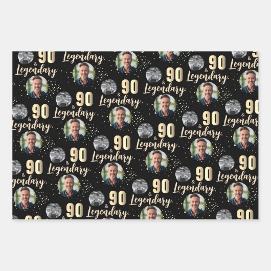 90 & Legendary 2 Photos 90th Birthday Gold Geschenkpapier Set (Vorderseite 2)