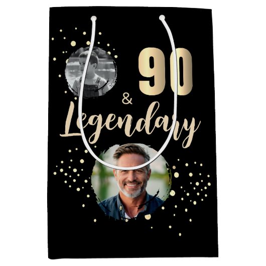 90 & Legendary 2 Photos 90th Birthday Gold Mittlere Geschenktüte (Vorderseite)