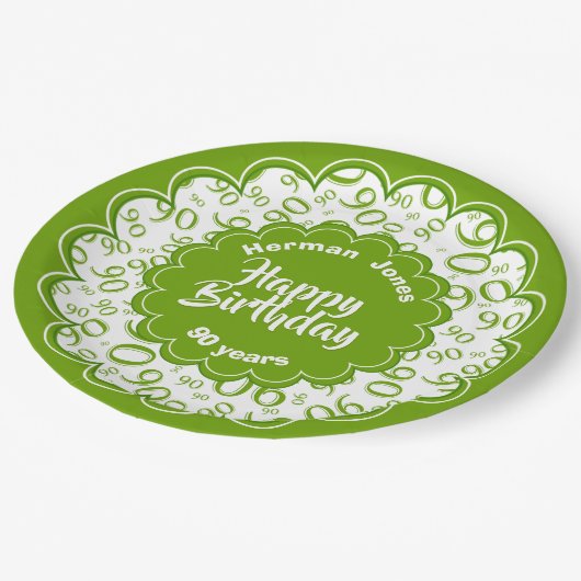 90. Muster für grün/weiß Zufallszahlen Pappteller (Schrägansicht)