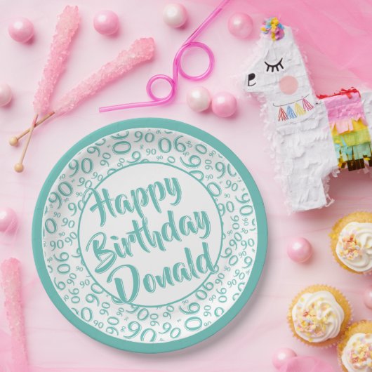 90. Party Random Number Pattern Aquamarin/weiß Pappteller (Party)