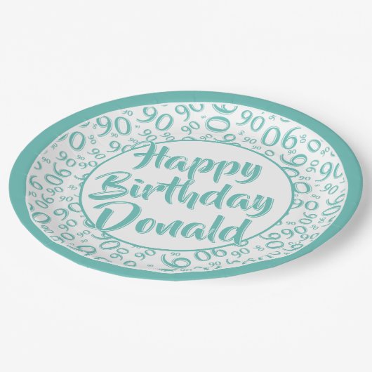 90. Party Random Number Pattern Aquamarin/weiß Pappteller (Schrägansicht)