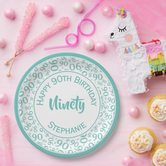 90. Party Random Number Pattern Aquamarin/weiß Pappteller (Party)