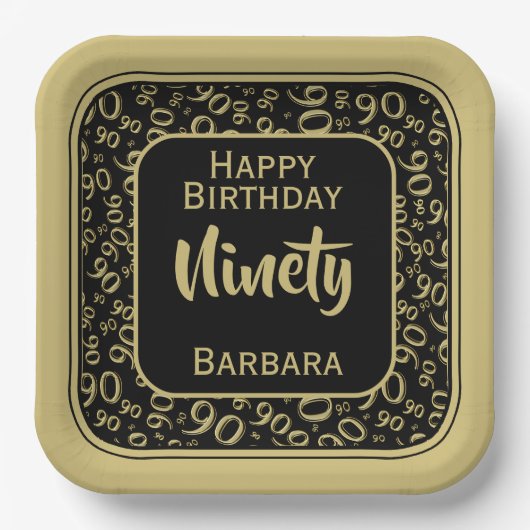 90. Party Random Number Pattern Black/Gold Pappteller (Vorderseite)