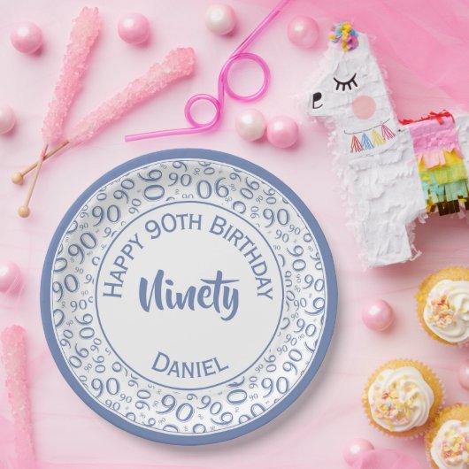 90. Party Random Number Pattern Blau/Weiß Pappteller (Party)