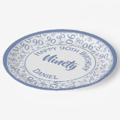 90. Party Random Number Pattern Blau/Weiß Pappteller (Schrägansicht)