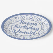 90. Party Random Number Pattern Blau/Weiß Pappteller (Schrägansicht)