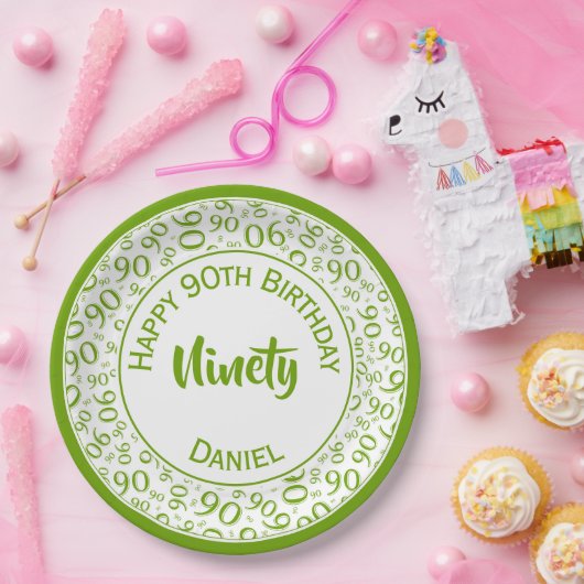 90. Party Random Number Pattern Grün/Weiß Pappteller (Party)