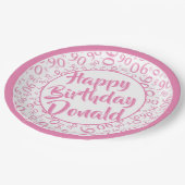 90. Party Random Number Pattern Rosa/Weiß Pappteller (Schrägansicht)