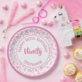 90. Party Random Number Pattern Rosa/Weiß Pappteller (Party)