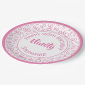 90. Party Random Number Pattern Rosa/Weiß Pappteller (Schrägansicht)