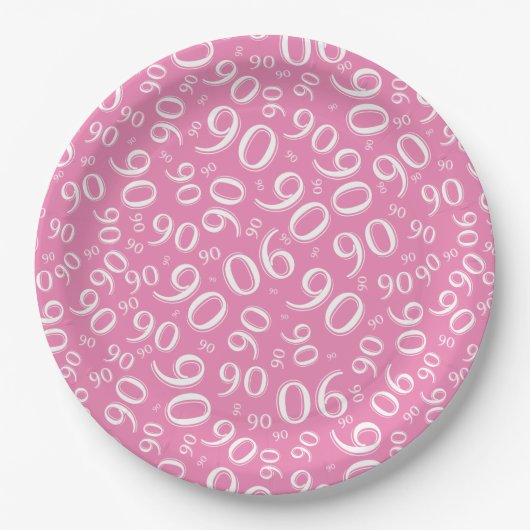 90. Party Random Number Pattern Rosa/Weiß Pappteller (Vorderseite)