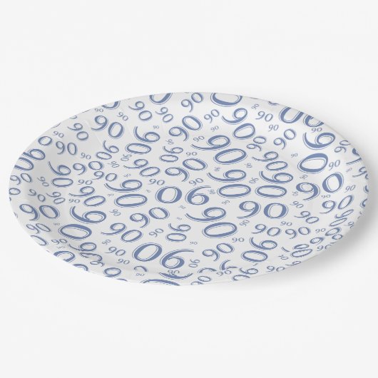 90. Party Zufallszahlenmuster Gold/Weiß Pappteller (Schrägansicht)