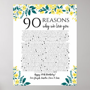 90 reasons why we love you birthday gift yellow poster