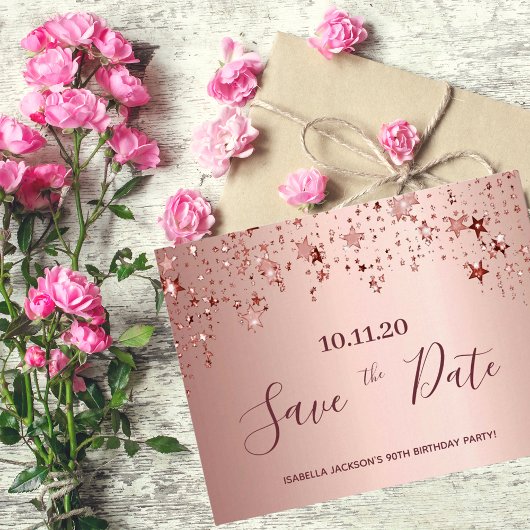90. Rose Goldstars Save the Date Postkarte