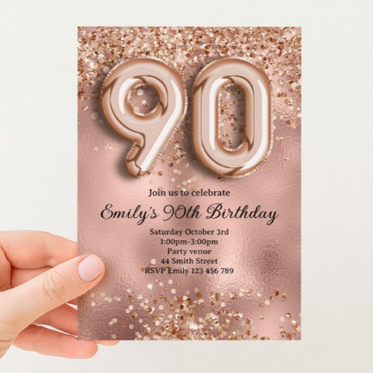 90. Roségold-Glitzer-Geburtstag Einladung