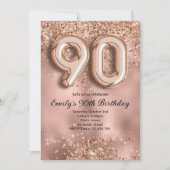 90. Roségold-Glitzer-Geburtstag Einladung (Vorderseite)