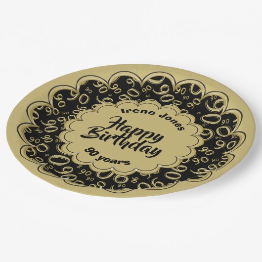 90. Schwarz/Gold Zufallszahlenmuster Pappteller (Schrägansicht)