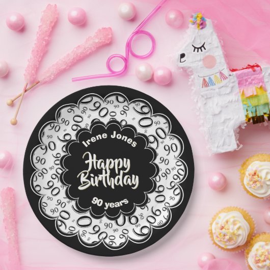 90. Schwarz/Weiß-Random-Zahlenmuster Pappteller (Party)