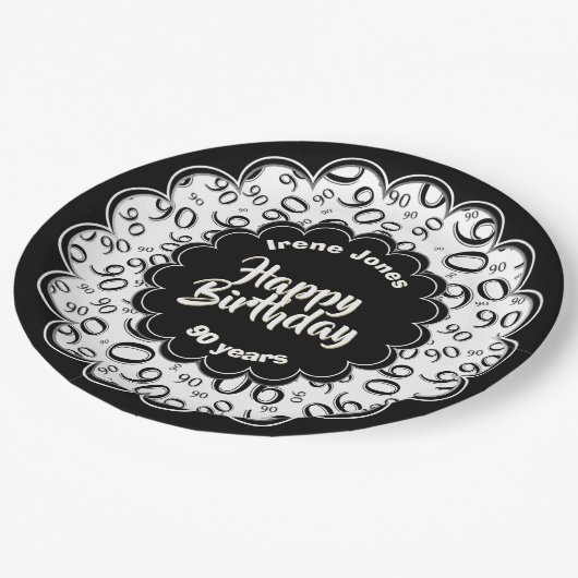 90. Schwarz/Weiß-Random-Zahlenmuster Pappteller (Schrägansicht)