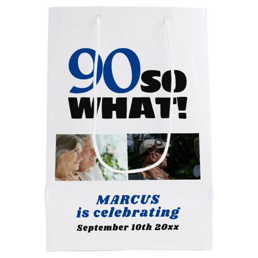 90 So what Funny 90th Birthday 2 Photo Collage Mittlere Geschenktüte (Rückseite)