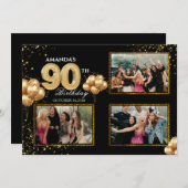 90 th Birthday Gold Silver Black Balloons Einladung (Vorne/Hinten)