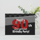 90. Überraschung Geburtstag Schwarz-weiß Horizonta Einladung (Stehend Vorderseite)