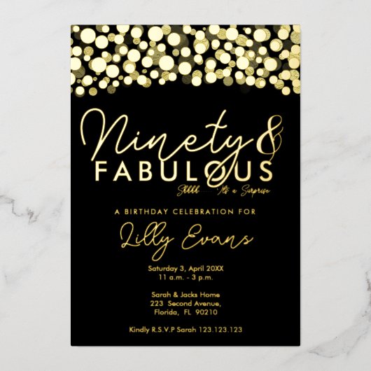 90. Überraschung Geburtstagsparty Einladung elegan (Vorderseite)
