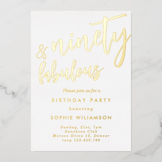 90 und fabelhaft vergoldetes Geburtstag Folieneinladung (Vorderseite)