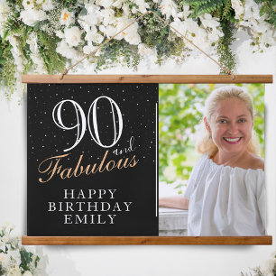 90. und fabelhaftes elegantes Black 90. Geburtstag Wandteppich Mit Holzrahmen