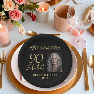90 und fabelhaftes Gold-Ornament 90. Geburtstag Fo Pappteller