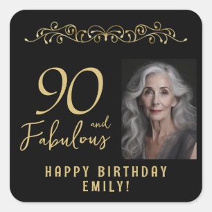 90 und fabelhaftes Gold-Ornament 90. Geburtstag Fo Quadratischer Aufkleber
