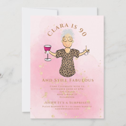 90. und fabulous Gold Sparkle Cartoon 90. Geburtst Einladung (Vorderseite)