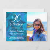 90 und Nonstop Ocean Blue Foto Geburtstag Einladung (Vorderseite)