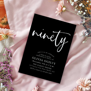 90. White on Black Birthday Party Modernes Script Einladung
