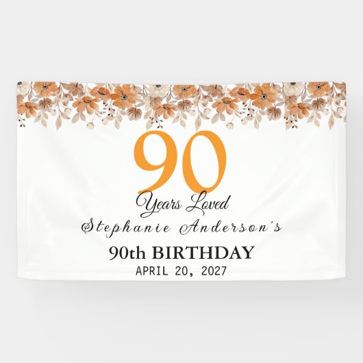 90 Years Loved Peach Floral 90th Banner (Horizontal)
