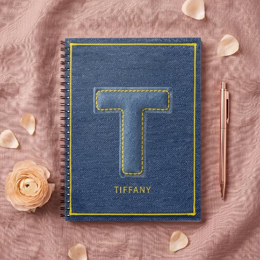 90er Blaue Denim Applikation Buchstabe T Monogramm Notizblock