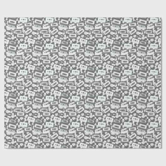 90er Cassette & Smiley Wrapping Paper - Monochrom Geschenkpapier (Flach)