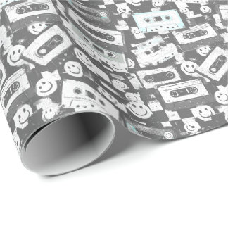 90er Cassette & Smiley Wrapping Paper - Monochrom Geschenkpapier