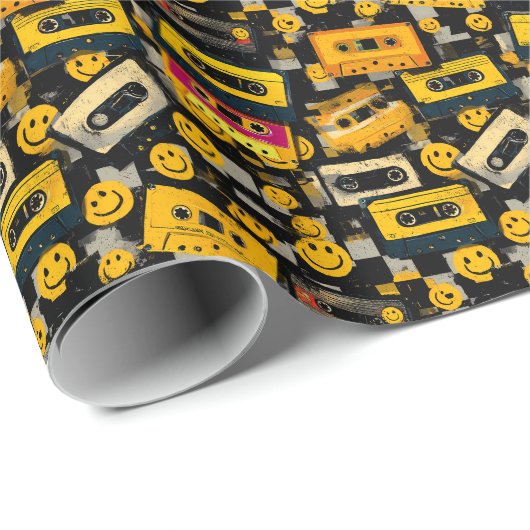 90er Cassette & Smiley Wrapping Paper - Retro-Part Geschenkpapier (Rolleneckpunkt)