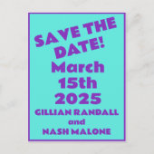 90er Lila auf Aquamariner Hochzeit Rett-the-Date Postkarte (Vorderseite)